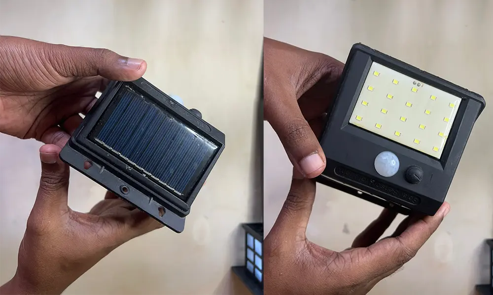 motion activated solar light front and back view with no manual switch