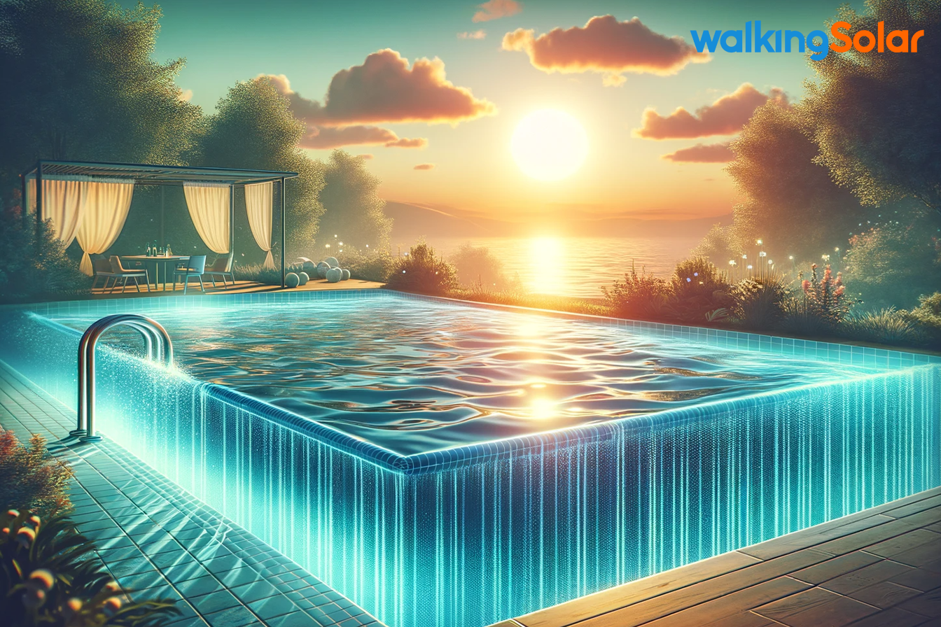 Serene swimming pool at sunset with a shimmering liquid solar cover