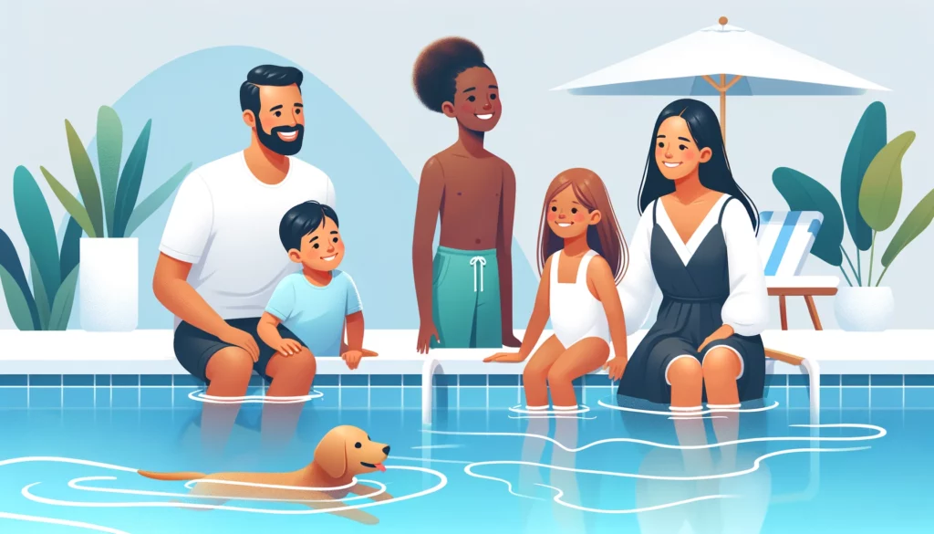 Diverse family enjoying a swim in a pool treated with liquid solar cover, pet dog playing at poolside