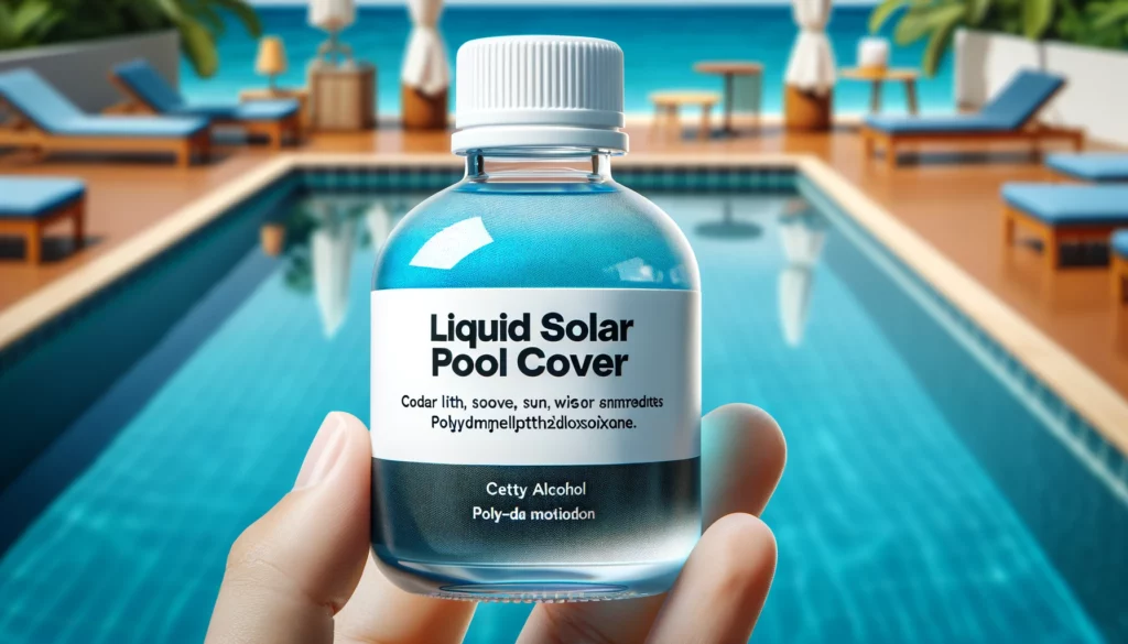 Bottle of liquid solar pool cover with main ingredients highlighted, swimming pool in background